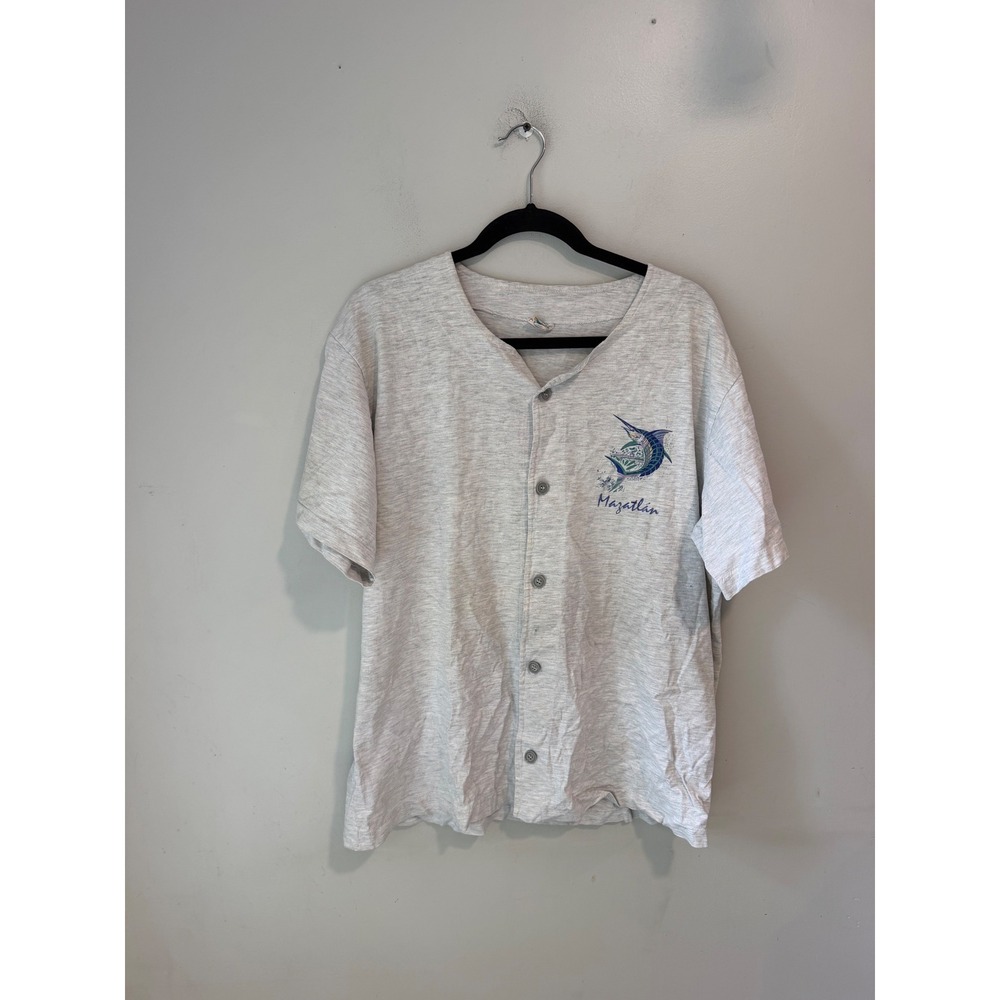 Vintage Palmas Mazatlan Marlin Embroidered Button Down Jersey Shirt Gray XL